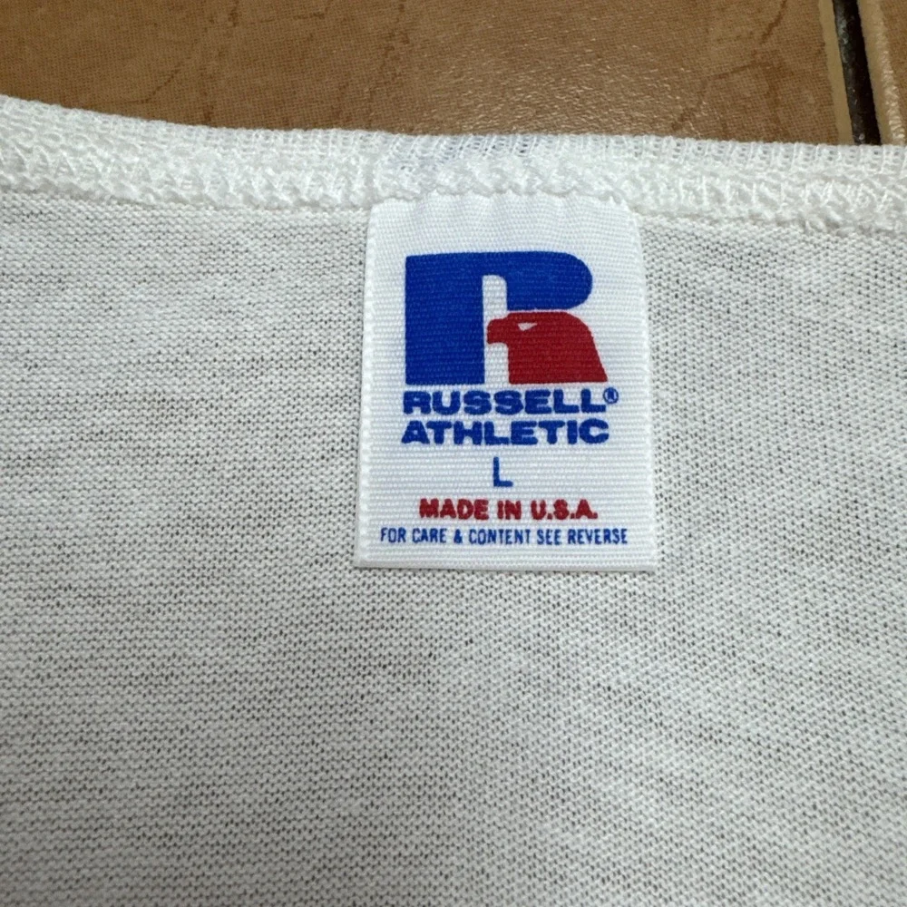 VTG Russell Athletic Shirt Sz L White Red 3/4 Sleeve Raglan Baseball USA Made